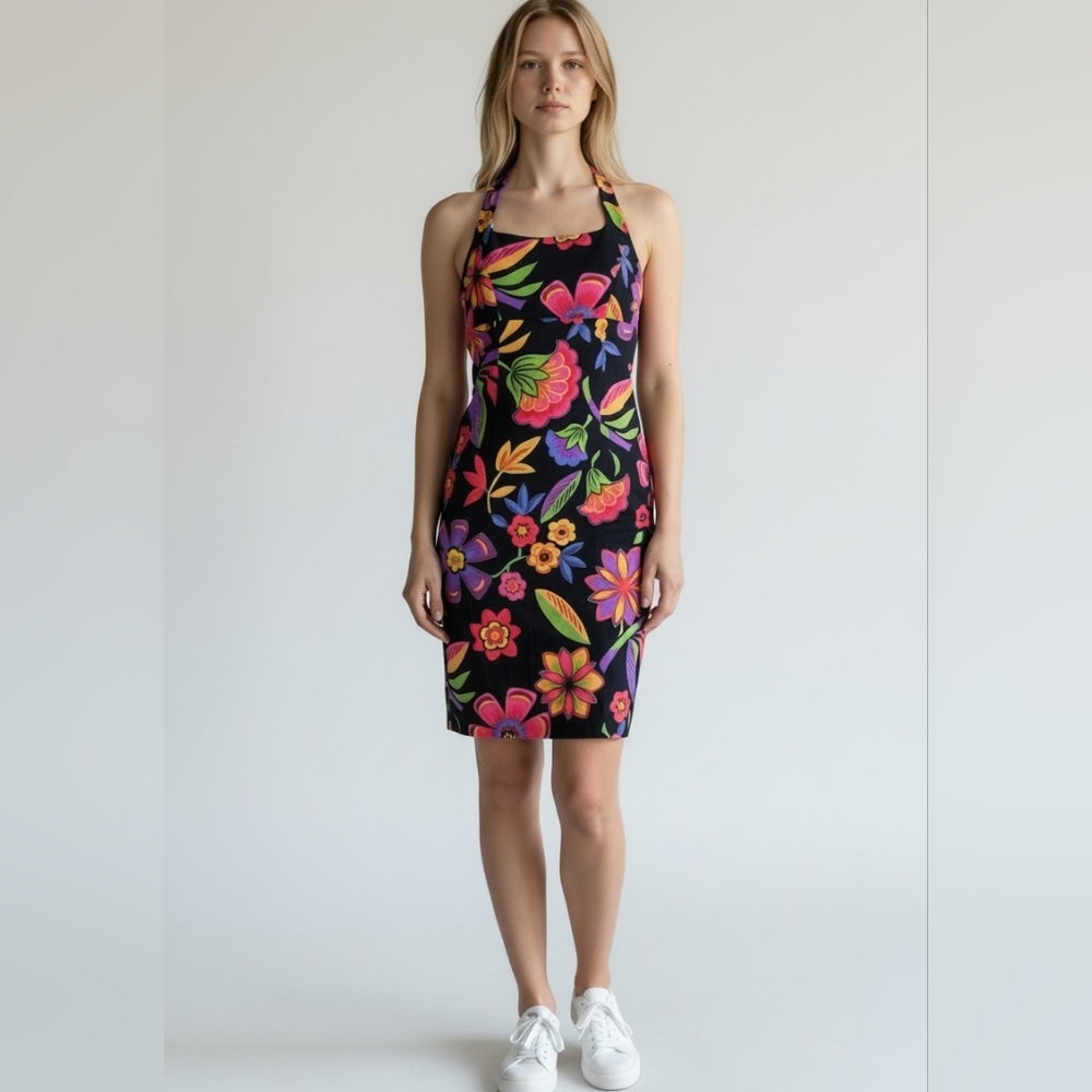 Harold's Sleeveless Halter Sheath Dress XS* / XXS* Black Multicolor Floral Print